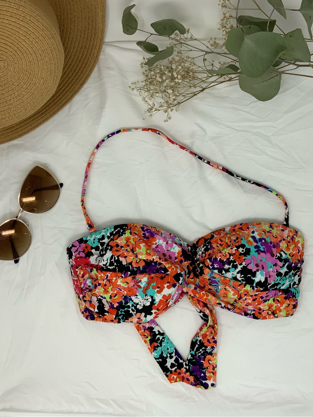 Kenneth Cole Reaction Floral Bandeau Bikini Top - Pink, Orange, Teal, Purple